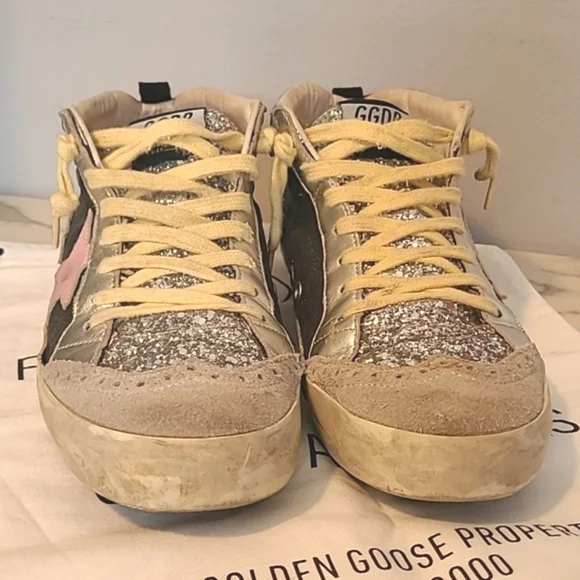 Golden Goose Mid Star Silver Glitter Sneakers Women's 10 Grunge Gorp Distressed - Picture 2 of 16